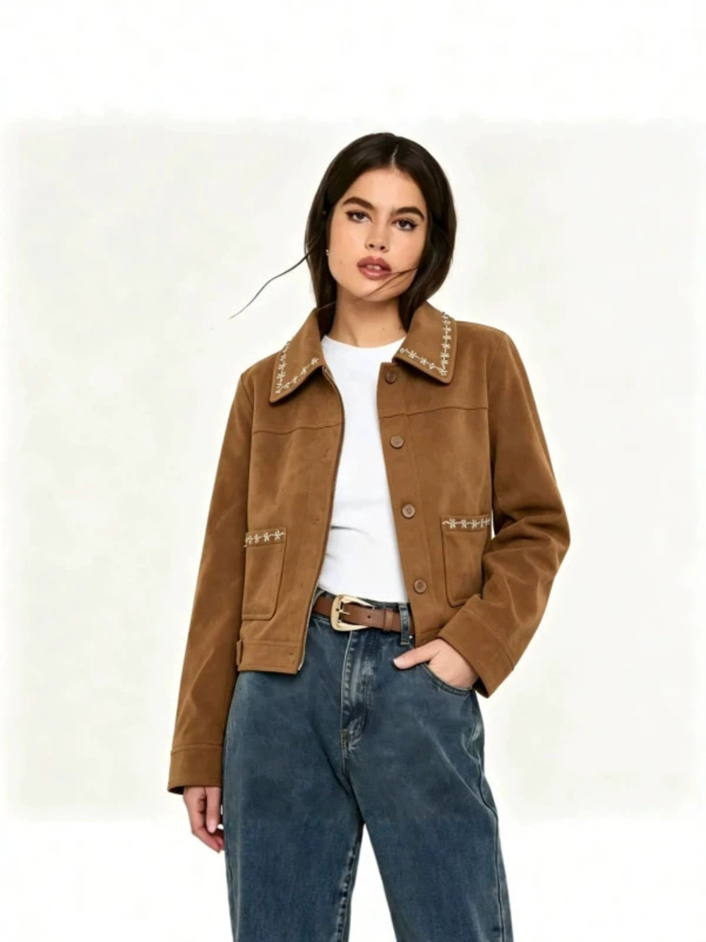 Women Western Embroidered Suede Short Jacket Autumn Winter Casual Outerwear